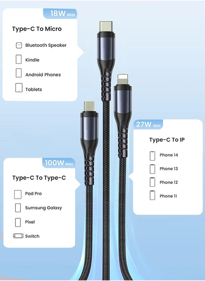 SUNDAREE - 100W 1.2m Multi Charging Cable, 3 in 1 Multi USB Charger Fast Charging Cable Transparent With LED Indicator Nylon Braided Multiple Charger Adapter Cord With Type C Micro USB Port For Cell Phones Tablets - Image 1