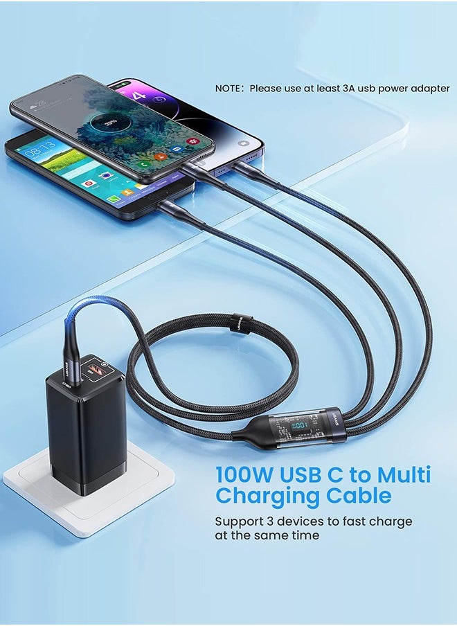 SUNDAREE - 100W 1.2m Multi Charging Cable, 3 in 1 Multi USB Charger Fast Charging Cable Transparent With LED Indicator Nylon Braided Multiple Charger Adapter Cord With Type C Micro USB Port For Cell Phones Tablets - Image 1