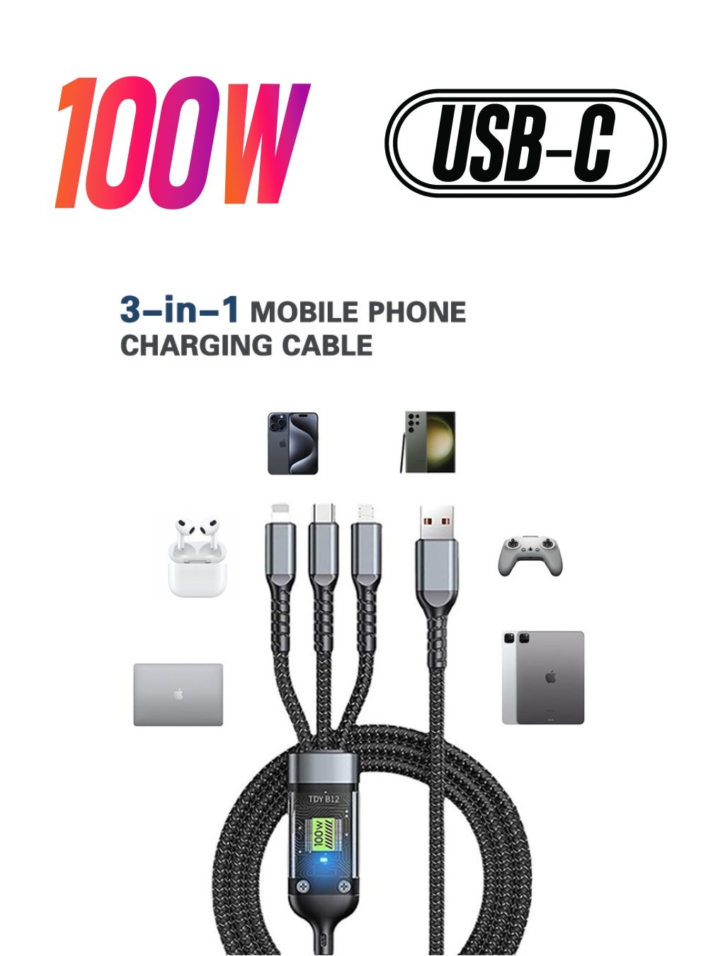 100W 1.2m Multi Charging Cable, 3 in 1 Multi USB Charger Fast Charging Cable Transparent With LED Indicator Nylon Braided Multiple Charger Adapter Cord With Type C Micro USB Port For Cell Phones Tablets