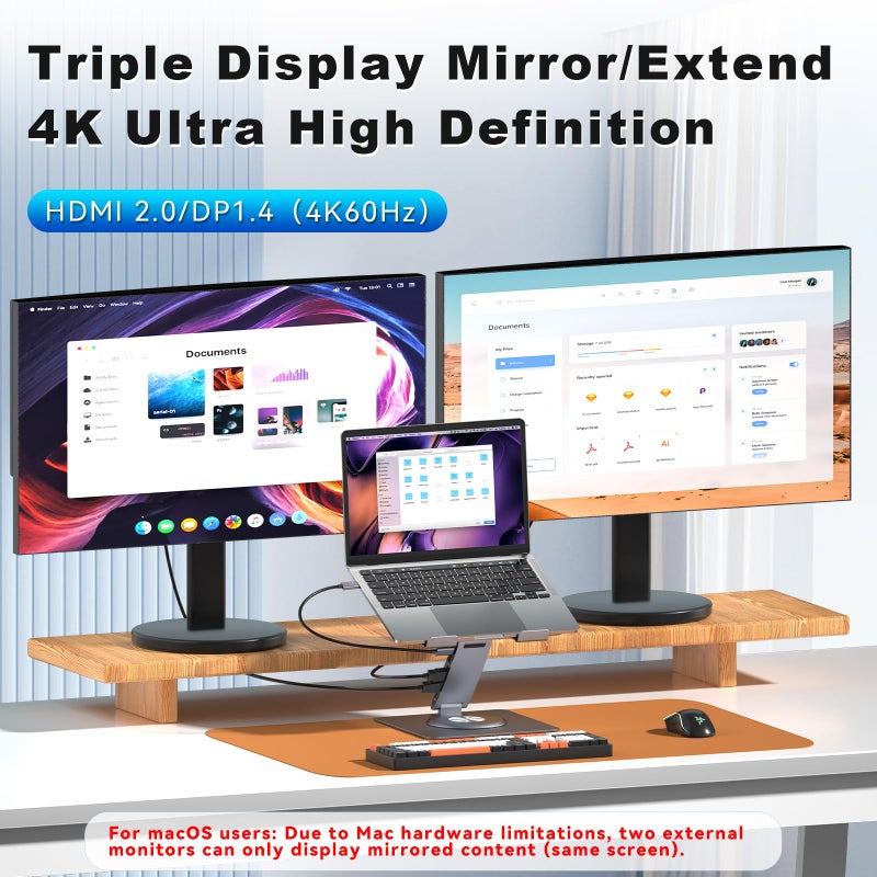 HC Laptop Docking Station Stand 11-IN-1 Triple Display HDMI DP 4K60Hz Gigabit Ethernet USB3.1 PD100W SD/TF Card Reader Audio 360Â°Swivel Laptop Stand with USB Hub for MacBookPro/Air/Dell/HP/Surface/Lenovo - Image 3
