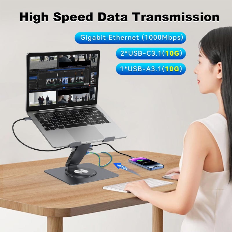 HC Laptop Docking Station Stand 11-IN-1 Triple Display HDMI DP 4K60Hz Gigabit Ethernet USB3.1 PD100W SD/TF Card Reader Audio 360Â°Swivel Laptop Stand with USB Hub for MacBookPro/Air/Dell/HP/Surface/Lenovo - Image 4