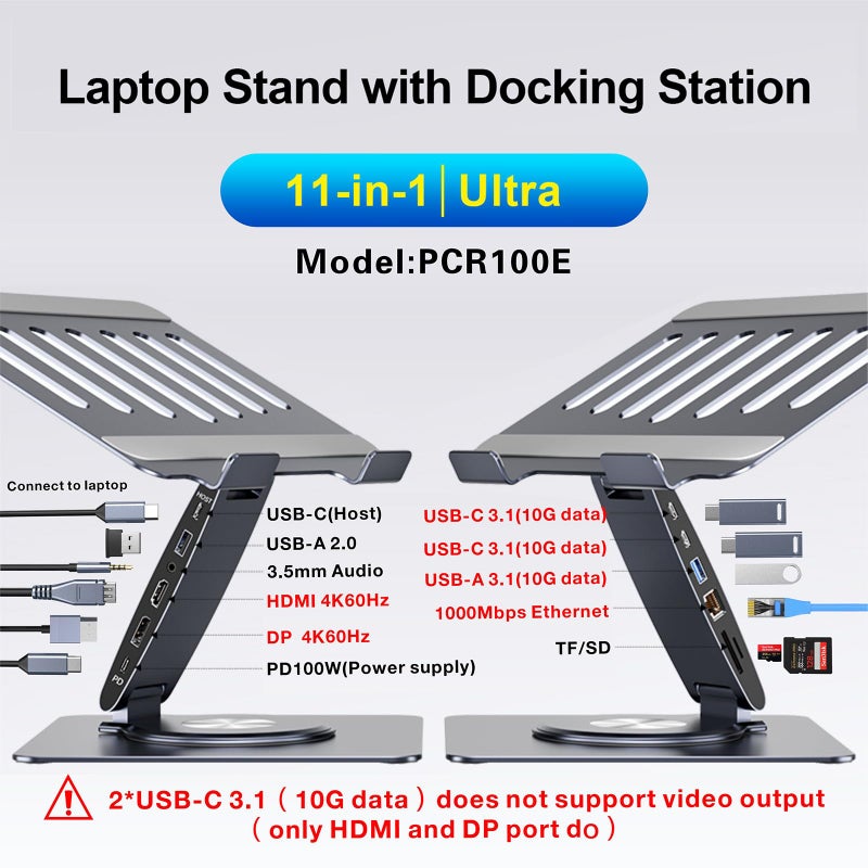 HC Laptop Docking Station Stand 11-IN-1 Triple Display HDMI DP 4K60Hz Gigabit Ethernet USB3.1 PD100W SD/TF Card Reader Audio 360Â°Swivel Laptop Stand with USB Hub for MacBookPro/Air/Dell/HP/Surface/Lenovo - Image 2