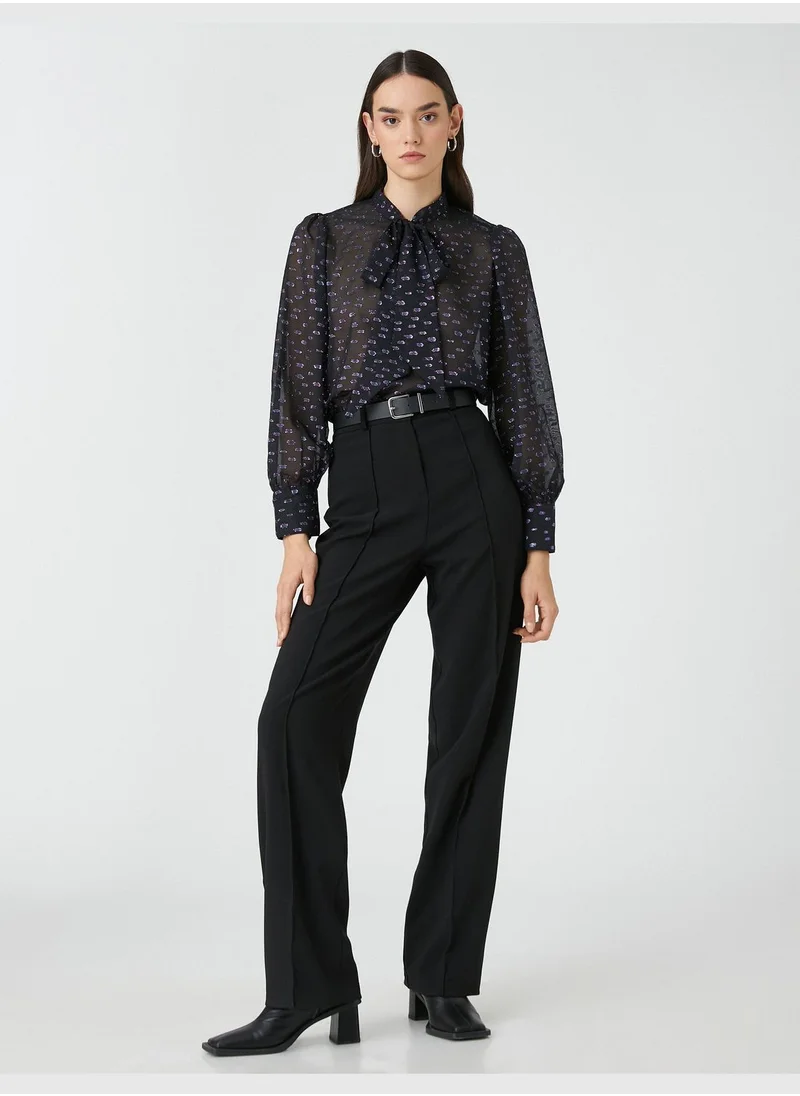 كوتون Silvery Chiffon Blouse Shawl Neck Puff Sleeve