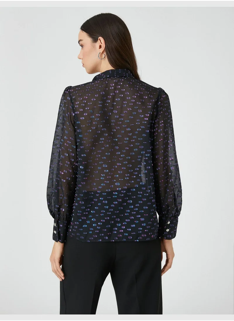 كوتون Silvery Chiffon Blouse Shawl Neck Puff Sleeve