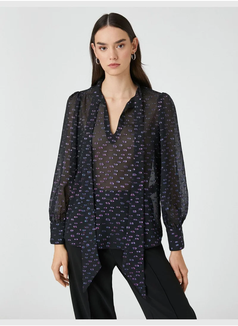 كوتون Silvery Chiffon Blouse Shawl Neck Puff Sleeve