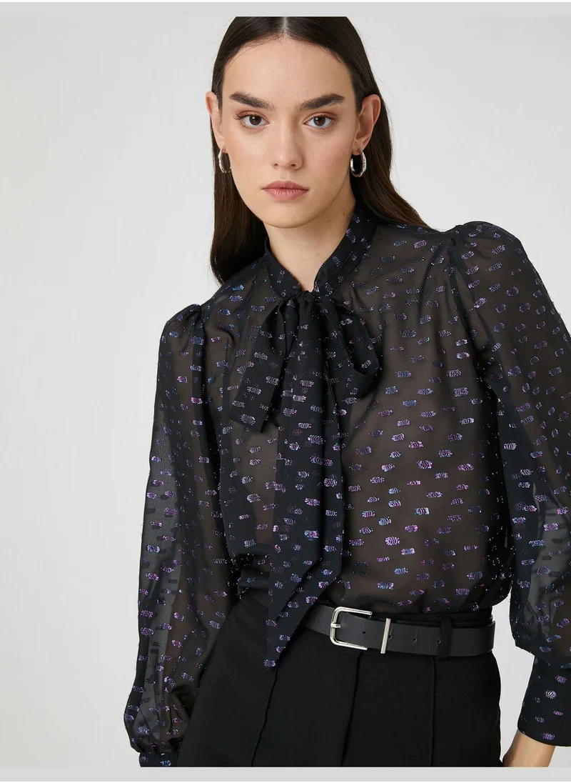 كوتون Silvery Chiffon Blouse Shawl Neck Puff Sleeve