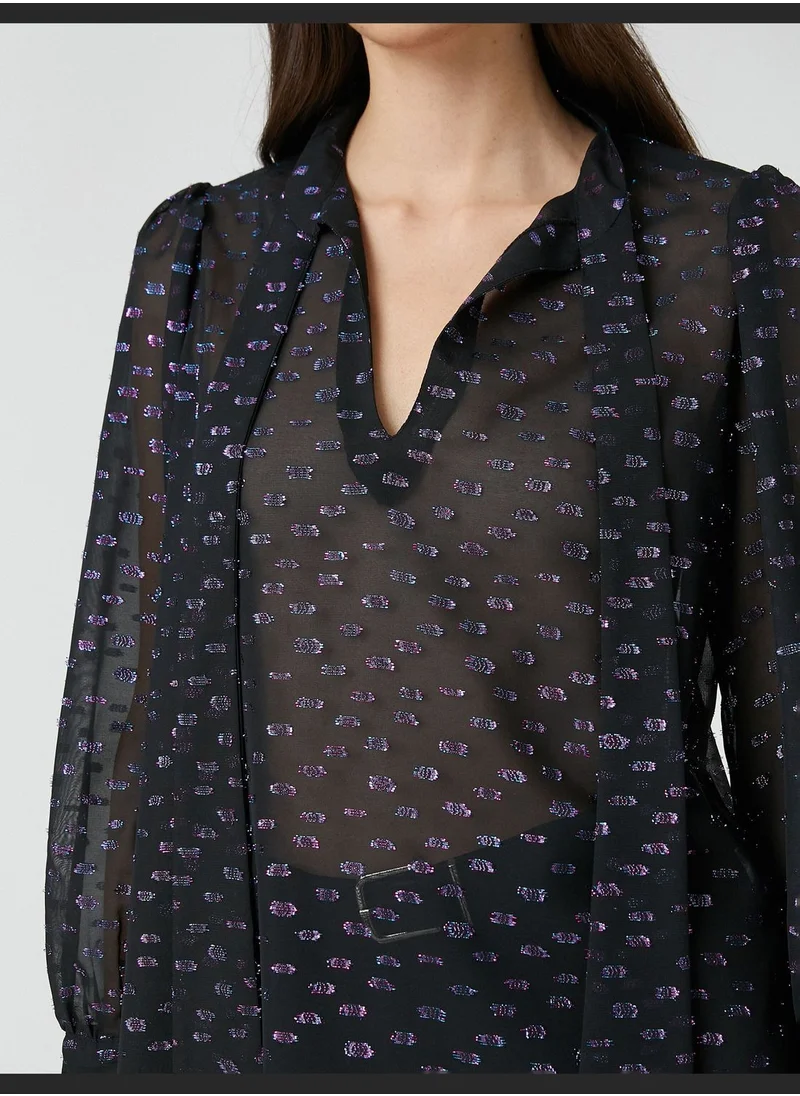 كوتون Silvery Chiffon Blouse Shawl Neck Puff Sleeve