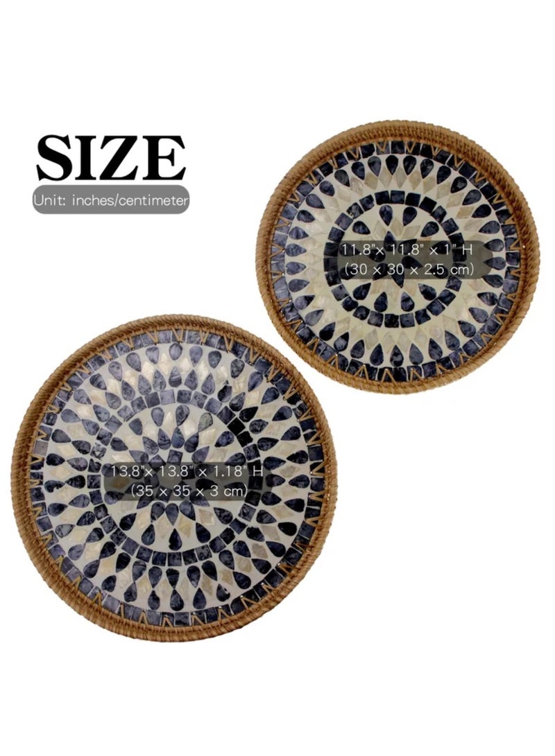 Set of 2 Sizes Round Rattan Serving Tray with Mother of Pearl Inlay, Handwoven Coffee Table Boho Decor Basket for Bread Fruit Food Kitchen Home Office Waterdrop Black,35cm+30cm - Image 5
