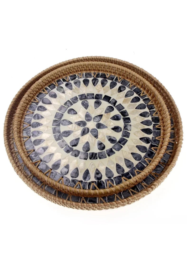 Set of 2 Sizes Round Rattan Serving Tray with Mother of Pearl Inlay, Handwoven Coffee Table Boho Decor Basket for Bread Fruit Food Kitchen Home Office Waterdrop Black,35cm+30cm - Image 2
