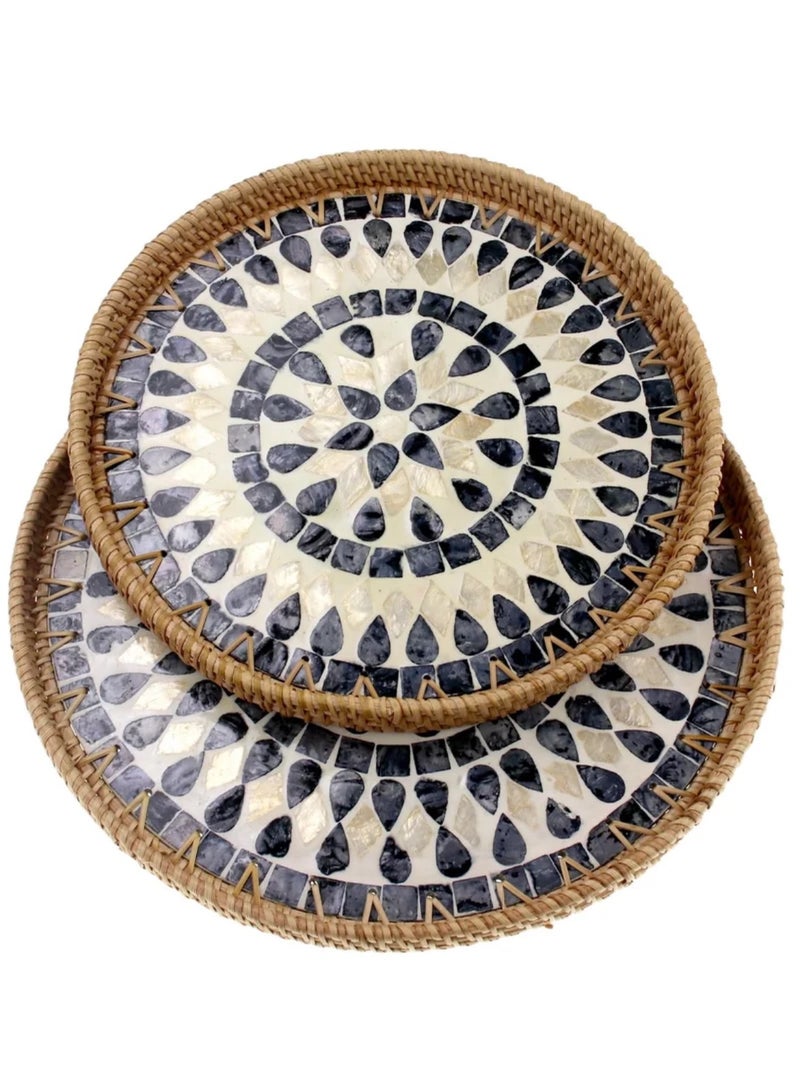Set of 2 Sizes Round Rattan Serving Tray with Mother of Pearl Inlay, Handwoven Coffee Table Boho Decor Basket for Bread Fruit Food Kitchen Home Office Waterdrop Black,35cm+30cm - Image 1