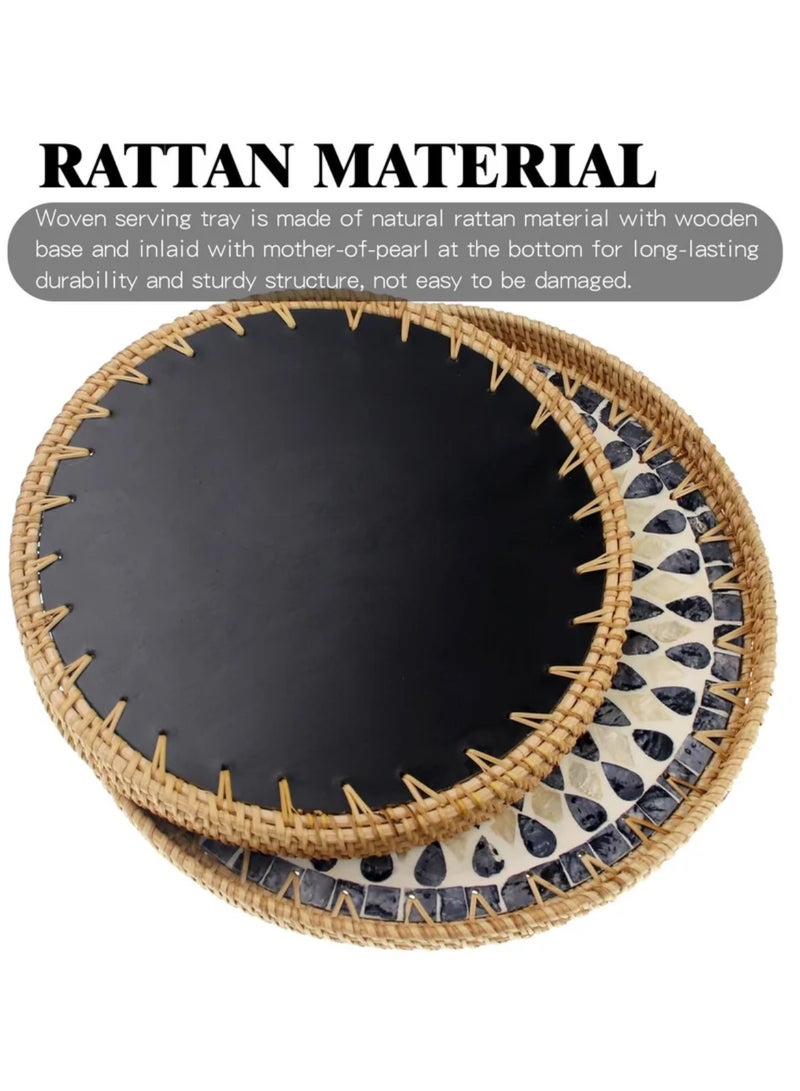 Set of 2 Sizes Round Rattan Serving Tray with Mother of Pearl Inlay, Handwoven Coffee Table Boho Decor Basket for Bread Fruit Food Kitchen Home Office Waterdrop Black,35cm+30cm - Image 4