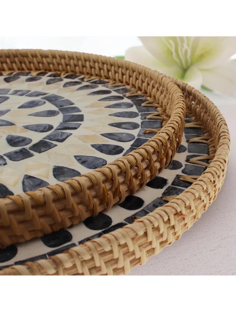 Set of 2 Sizes Round Rattan Serving Tray with Mother of Pearl Inlay, Handwoven Coffee Table Boho Decor Basket for Bread Fruit Food Kitchen Home Office Waterdrop Black,35cm+30cm - Image 3