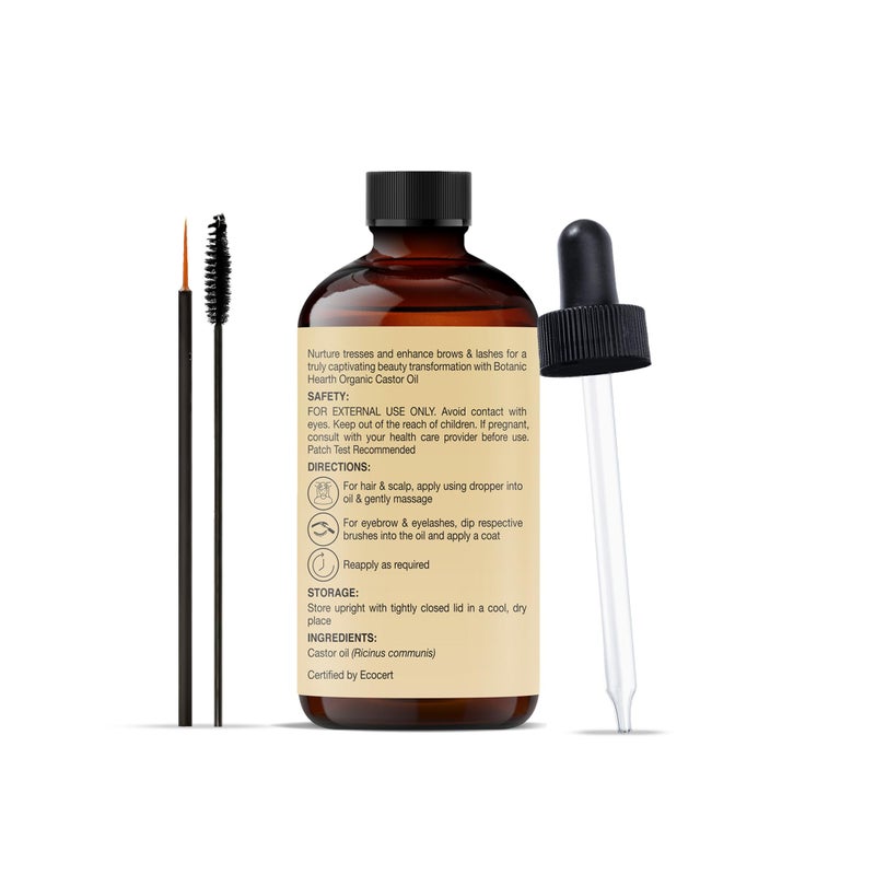 Botanic Hearth زيت الخروع من بوتانيك هيرث (2 أونصة سائلة) | معتمد من وزارة الزراعة الأمريكية كعضوي | 100% نقي وخالي من الهكسان | معصور على البارد | يعزز نمو الرموش والحواجب والشعر | يتضمن فرشاة للحواجب والرموش - Image 2