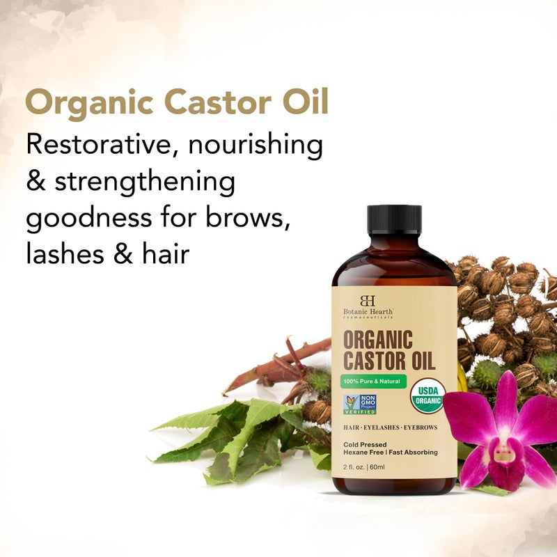 Botanic Hearth زيت الخروع من بوتانيك هيرث (2 أونصة سائلة) | معتمد من وزارة الزراعة الأمريكية كعضوي | 100% نقي وخالي من الهكسان | معصور على البارد | يعزز نمو الرموش والحواجب والشعر | يتضمن فرشاة للحواجب والرموش - Image 5