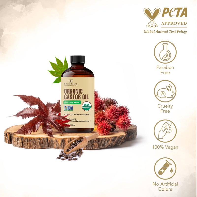 Botanic Hearth زيت الخروع من بوتانيك هيرث (2 أونصة سائلة) | معتمد من وزارة الزراعة الأمريكية كعضوي | 100% نقي وخالي من الهكسان | معصور على البارد | يعزز نمو الرموش والحواجب والشعر | يتضمن فرشاة للحواجب والرموش - Image 4