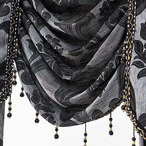 NAPEARL Jabot Curtains Valances and Swags-European Style Kitchen Window Valance, Luxury Jacquard Waterfall Valance Curtains for Living Room (1 Black Valance, 81-Inch Wide) - Image 4