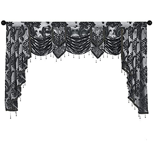 NAPEARL Jabot Curtains Valances and Swags-European Style Kitchen Window Valance, Luxury Jacquard Waterfall Valance Curtains for Living Room (1 Black Valance, 81-Inch Wide) - Image 1