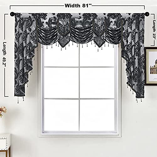 NAPEARL Jabot Curtains Valances and Swags-European Style Kitchen Window Valance, Luxury Jacquard Waterfall Valance Curtains for Living Room (1 Black Valance, 81-Inch Wide) - Image 2