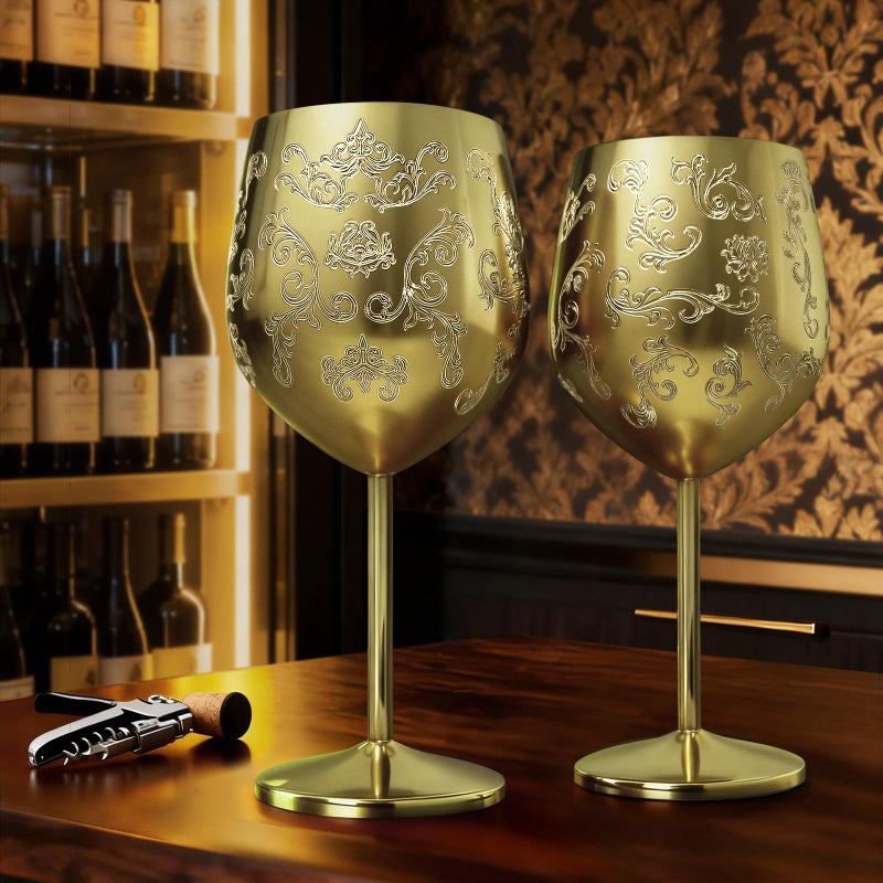 Lifecapido Stainless Steel Wine Glasses Set of 2, 18oz Etched Gold Wine Goblets, Unique Wine Glasses with Intricate Baroque Engravings for Party Wedding Anniversary - Image 5