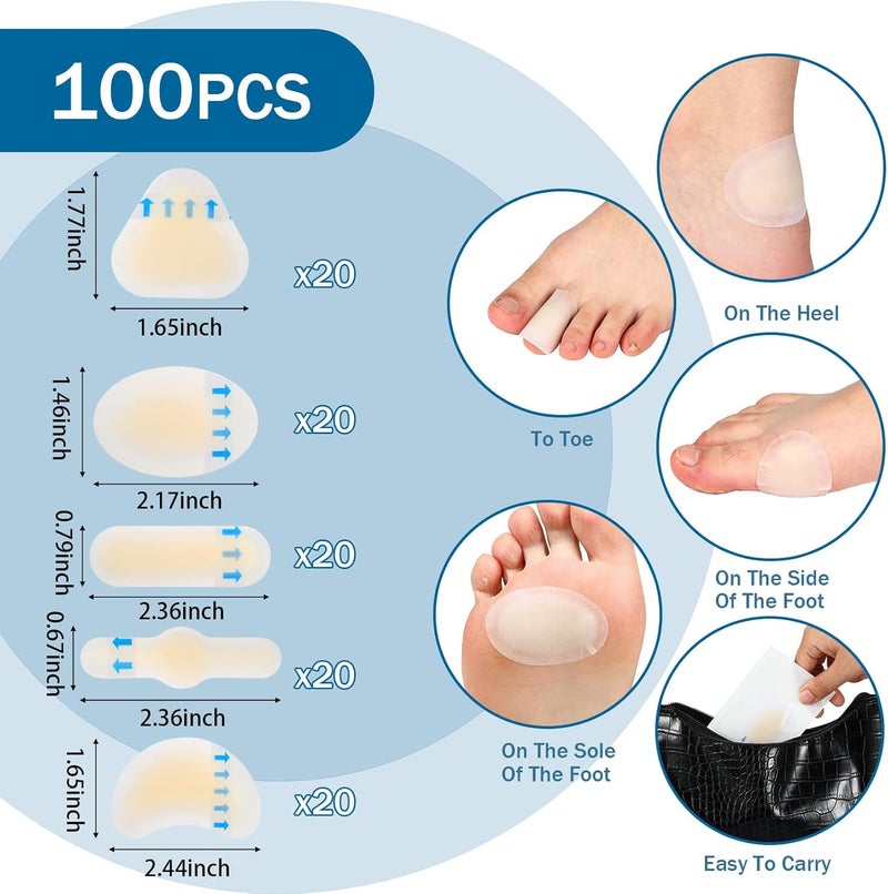 Tarpop 100 Pcs Blister Bandages Hydrocolloid Blister Pads for Heel Waterproof Gel Adhesive Bandages Protectors for Feet ToesRich Style - Image 2