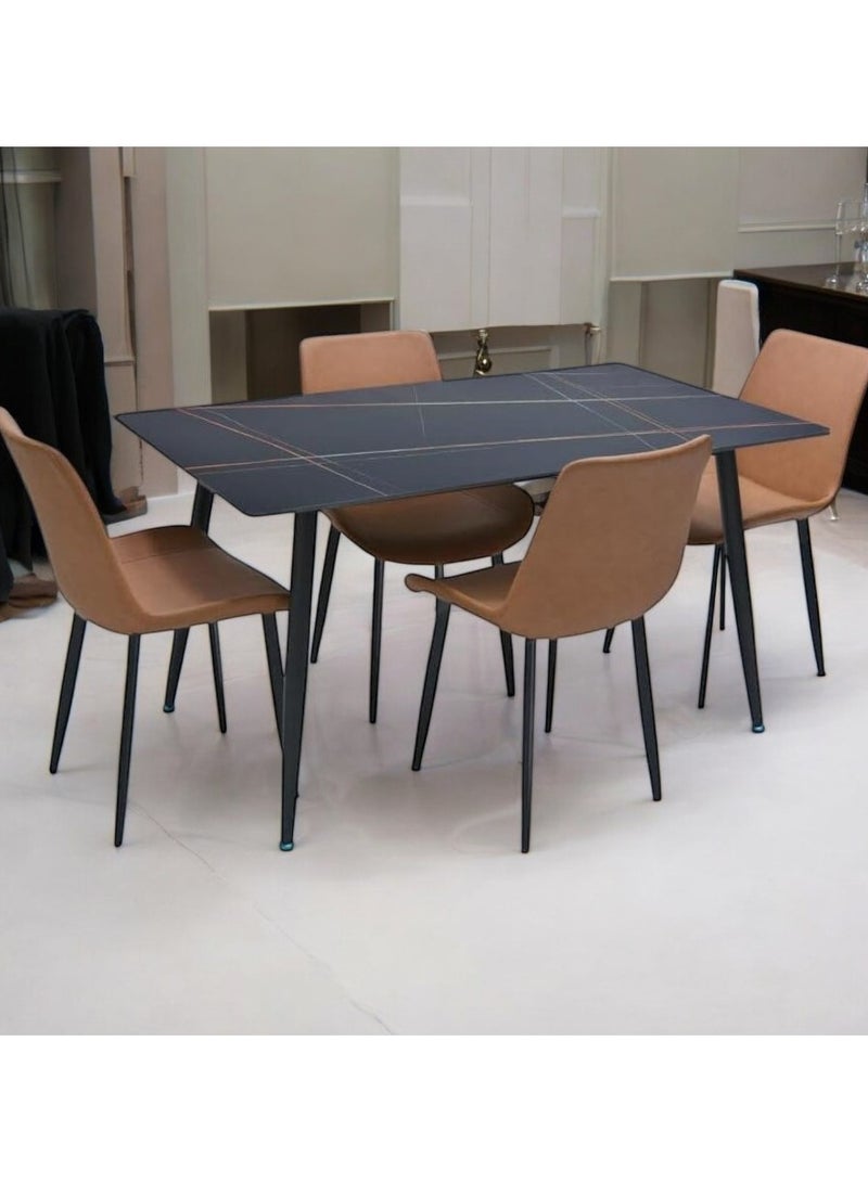 KARNAK Modern Design Marble Dining Table Set DS21 with 1 Table and 4 Chairs, Brown & Black PVC Leather Chairs and Stainless Steel Legs Marble Top - Image 1