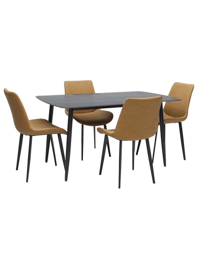 KARNAK Modern Design Marble Dining Table Set DS21 with 1 Table and 4 Chairs, Brown & Black PVC Leather Chairs and Stainless Steel Legs Marble Top - Image 2