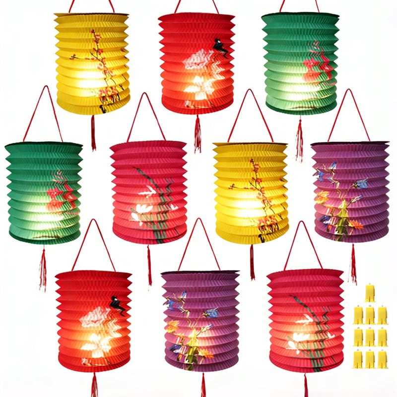 Aiminjey 10PCS Chinese Lunar New Year Decorations 2026 Chinese Paper Lanterns Japanese Decorative Hanging Paper Lanterns with LED Lights 6.3inch Colorful for Spring Festival Valentine Party Decor - Image 1