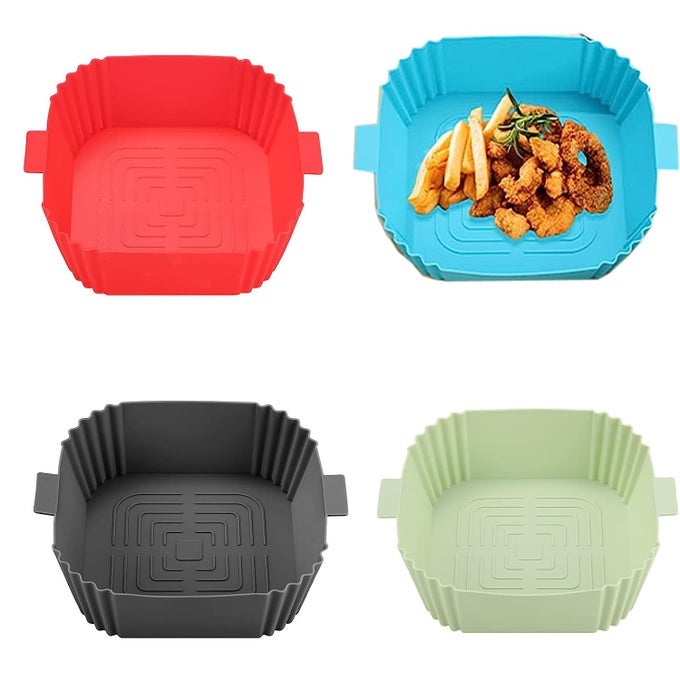 AIR FRYER LINERS 2 PACK 75 SQUARE SILICONE POT AIR FRYER BASKET FOOD SAFE AIR FRYERS OVEN ACCESSORIES REPLACEMENT OF PARCHMENT PAPER REUSABLE AIR FRYER 96 X 96 X 2 INCH MULTICOLOR