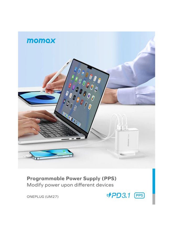 Momax One Plug GaN 140W 3-Port Fast Charger 2 USB-C and USB-A port - White - Image 5
