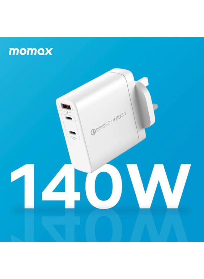Momax One Plug GaN 140W 3-Port Fast Charger 2 USB-C and USB-A port - White - Image 3