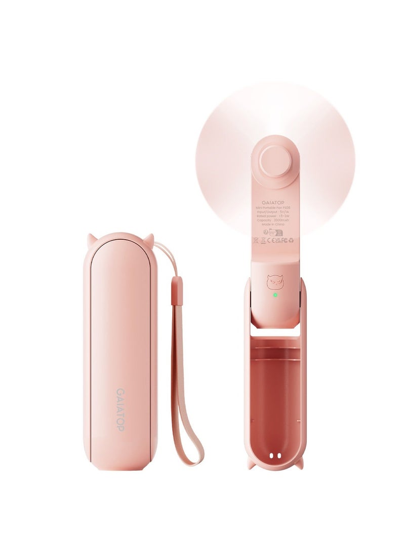 Gaiatop Portable Handheld Fan, 3 IN 1 Mini Foldable Travel Fans ,17H Max Cooling Time , Power Bank, Pocket Design USB Rechargeable for Travel Concert Lash Makeup, Summer Gifts for Women Girl, Pink - Image 1