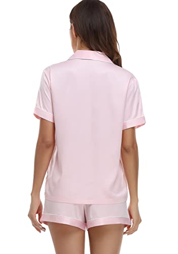 Serenedelicacy Women's Satin Pajama Set 2-Piece Sleepwear Loungewear Button Down Short Sleeve Silky PJ Set (Medium, Pink) - Image 2