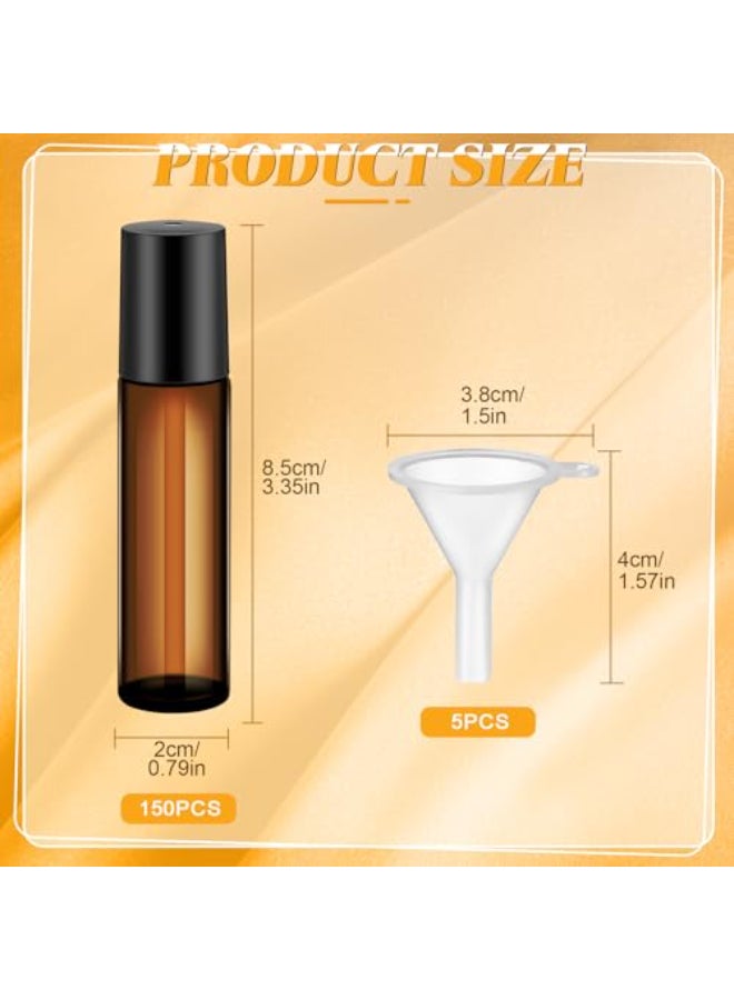 Sumind 150 Pcs Essential Oil Roller Bottles 10 ml Glass Empty Roll on Bottles with Stainless Steel Balls Leak Proof with 5 Funnel for Travel Essential OilAmber - Image 3