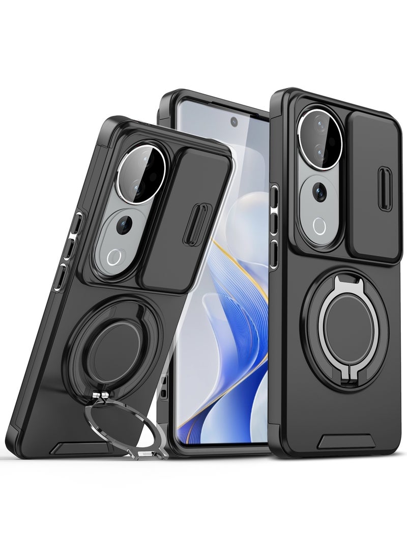 عش زي غطاء كاميرا انزلاقي لهواتف فيفو V40 5G / V40 Pro 5G، بملمس ناعم مريح، مغناطيسي فائق القوة، مع حامل حلقة دوار 360 درجة، مزود بوسائد هوائية رباعية وحماية من الصدمات بفضل الزوايا المرتفعة قليلاً، لون أسود، قطعة واحدة - Image 1