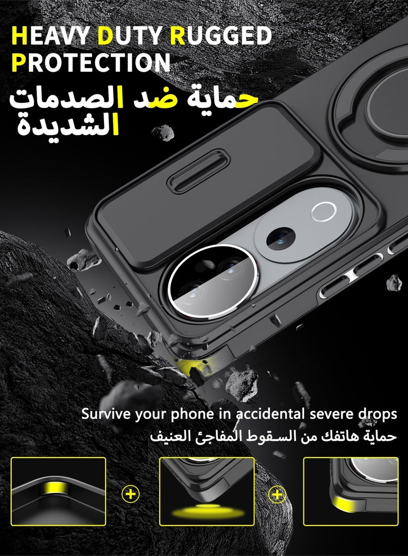 عش زي غطاء كاميرا انزلاقي لهواتف فيفو V40 5G / V40 Pro 5G، بملمس ناعم مريح، مغناطيسي فائق القوة، مع حامل حلقة دوار 360 درجة، مزود بوسائد هوائية رباعية وحماية من الصدمات بفضل الزوايا المرتفعة قليلاً، لون أسود، قطعة واحدة - Image 3