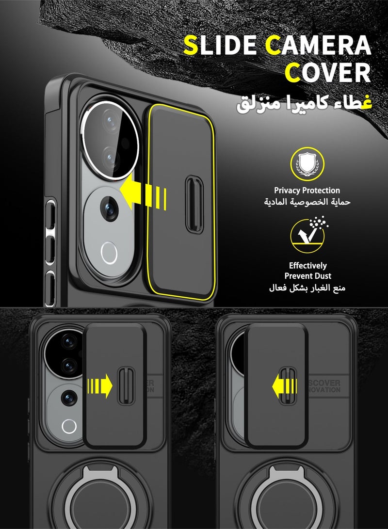 عش زي غطاء كاميرا انزلاقي لهواتف فيفو V40 5G / V40 Pro 5G، بملمس ناعم مريح، مغناطيسي فائق القوة، مع حامل حلقة دوار 360 درجة، مزود بوسائد هوائية رباعية وحماية من الصدمات بفضل الزوايا المرتفعة قليلاً، لون أسود، قطعة واحدة - Image 2