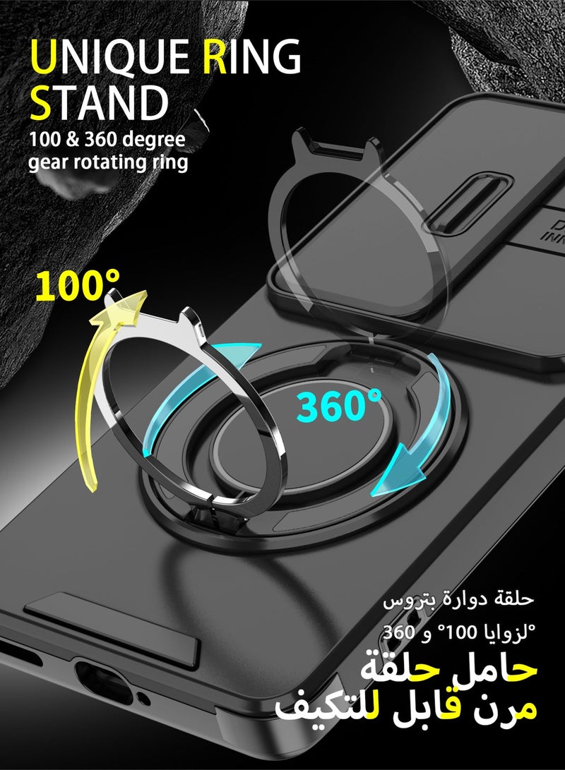 عش زي غطاء كاميرا انزلاقي لهواتف فيفو V40 5G / V40 Pro 5G، بملمس ناعم مريح، مغناطيسي فائق القوة، مع حامل حلقة دوار 360 درجة، مزود بوسائد هوائية رباعية وحماية من الصدمات بفضل الزوايا المرتفعة قليلاً، لون أسود، قطعة واحدة - Image 4
