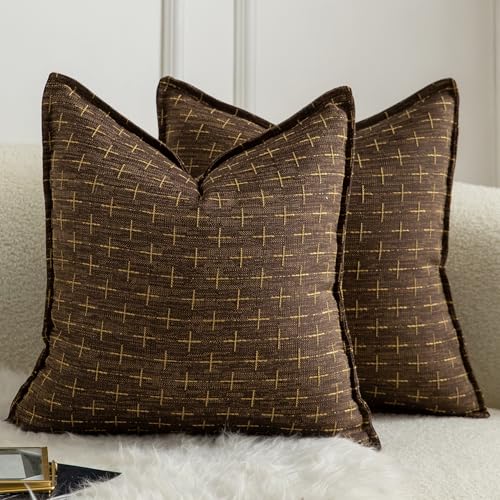 MANDIOO Pack of 2 Burlap Linen Throw Pillow Covers Woven Textured Modern Farmhouse Cushion Covers Pillowcase Decorative Couch Sofa Bed Living Room 16 x 16 Inch Deep Brown - Image 1