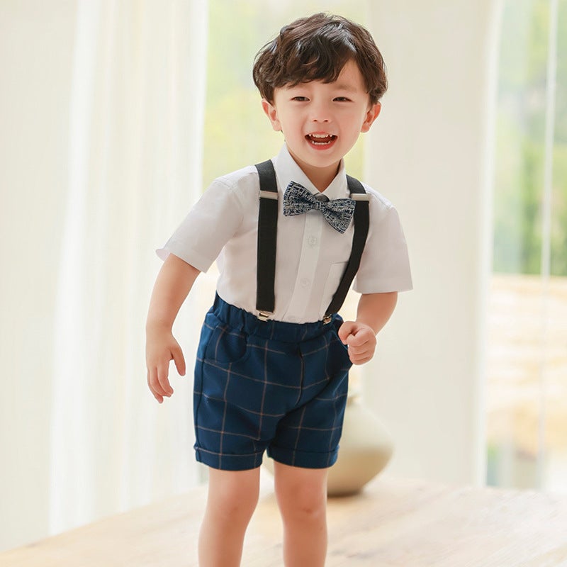 Boys Summer Suit Vest Set Birthday Wedding Pageant Navy blue lattice strap suit (shirt + shorts + bow tie + strap)