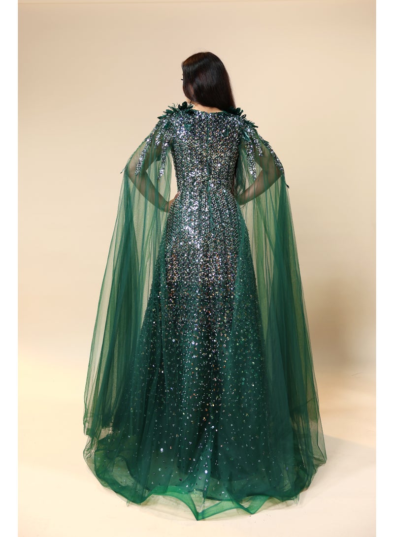 FAIZ COUTURE Women's Emerald Green Sequin Gown with Cape – Formal Evening Dress - Image 3