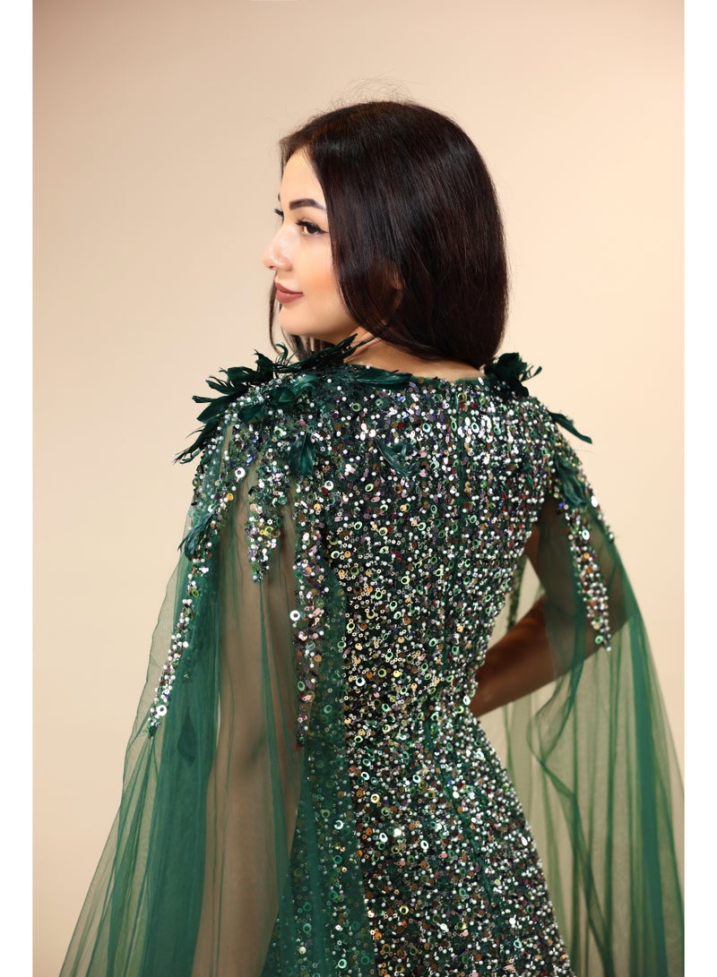 FAIZ COUTURE Women's Emerald Green Sequin Gown with Cape – Formal Evening Dress - Image 4