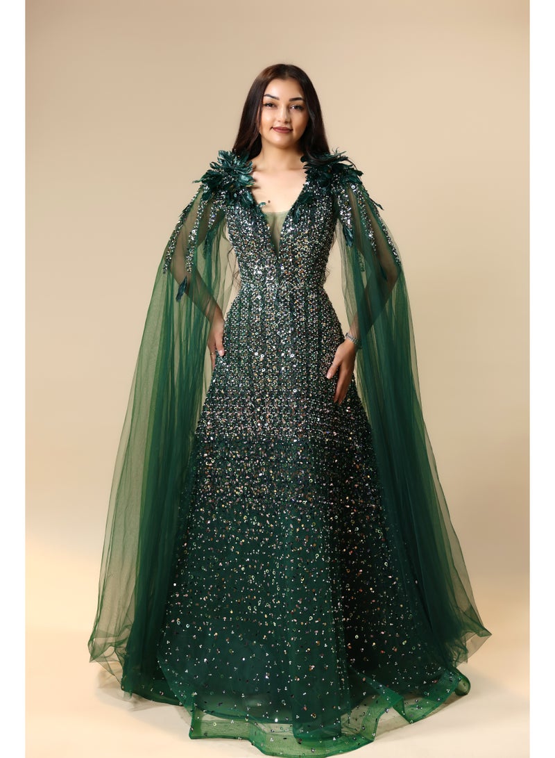 Women's Emerald Green Sequin Gown with Cape – Formal Evening Dress