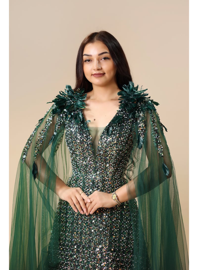 FAIZ COUTURE Women's Emerald Green Sequin Gown with Cape – Formal Evening Dress - Image 2