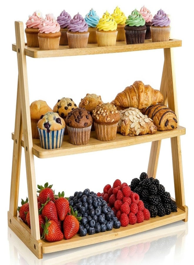 Acshio 3 Tier Bamboo Serving Tray, Rectangle Serving Platters Tiered Tray Stand, Fruit Cupcake Display Stand Farmhouse Decorative Trays for Appetizers, Snacks, Dessert, Party, Birthday, Wedding - Image 1