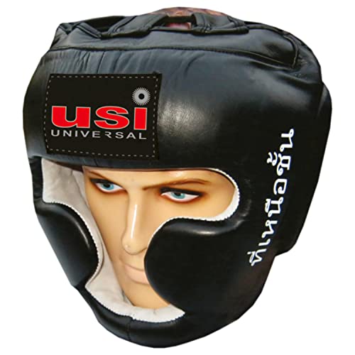 USI UNIVERSAL Boxing Headguard, 8002 Muay Thai Head Guard, Traditional Style, Extra Padding, Top Grain Hide Leather, Hand Crafted Shock Absorbent Padding, Lace Closure(Size L, Black) - Image 1