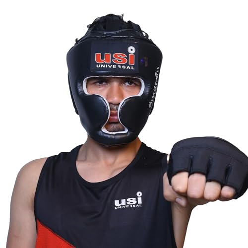 USI UNIVERSAL Boxing Headguard, 8002 Muay Thai Head Guard, Traditional Style, Extra Padding, Top Grain Hide Leather, Hand Crafted Shock Absorbent Padding, Lace Closure(Size L, Black) - Image 2