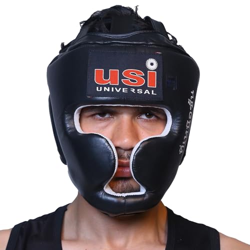 USI UNIVERSAL Boxing Headguard, 8002 Muay Thai Head Guard, Traditional Style, Extra Padding, Top Grain Hide Leather, Hand Crafted Shock Absorbent Padding, Lace Closure(Size L, Black) - Image 3