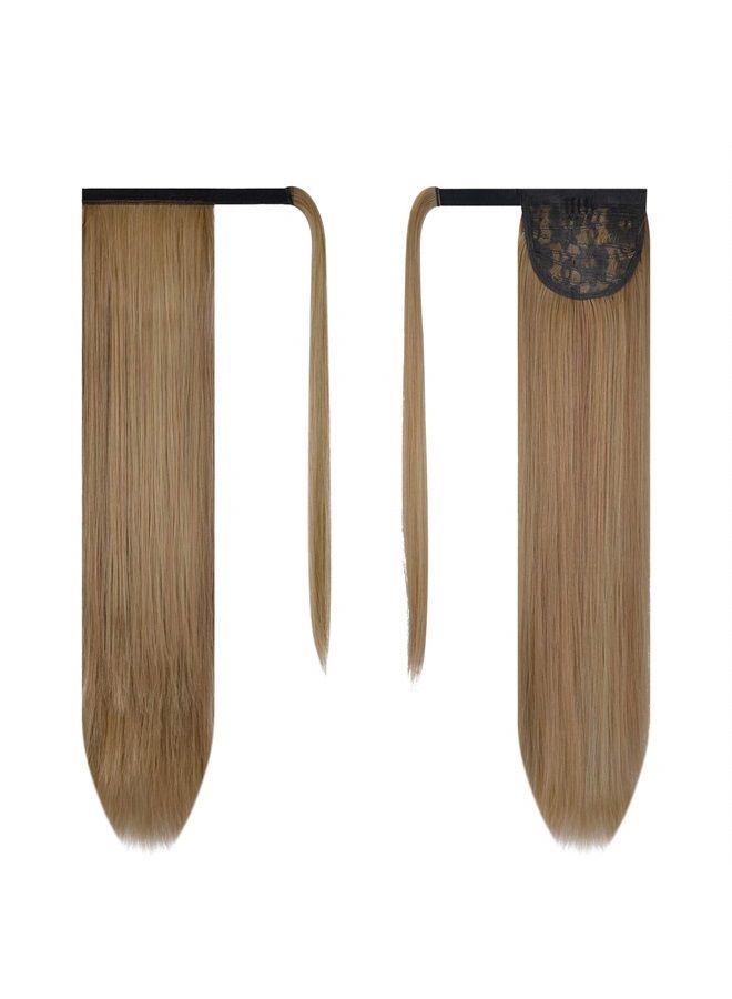 BARSDAR 26 inch Ponytail Extension Long Straight Wrap Around Clip in Synthetic Fiber Hair for Women - Light Golden Brown & Pale Golden Blonde - Image 2