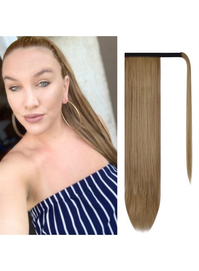 BARSDAR 26 inch Ponytail Extension Long Straight Wrap Around Clip in Synthetic Fiber Hair for Women - Light Golden Brown & Pale Golden Blonde - Image 1
