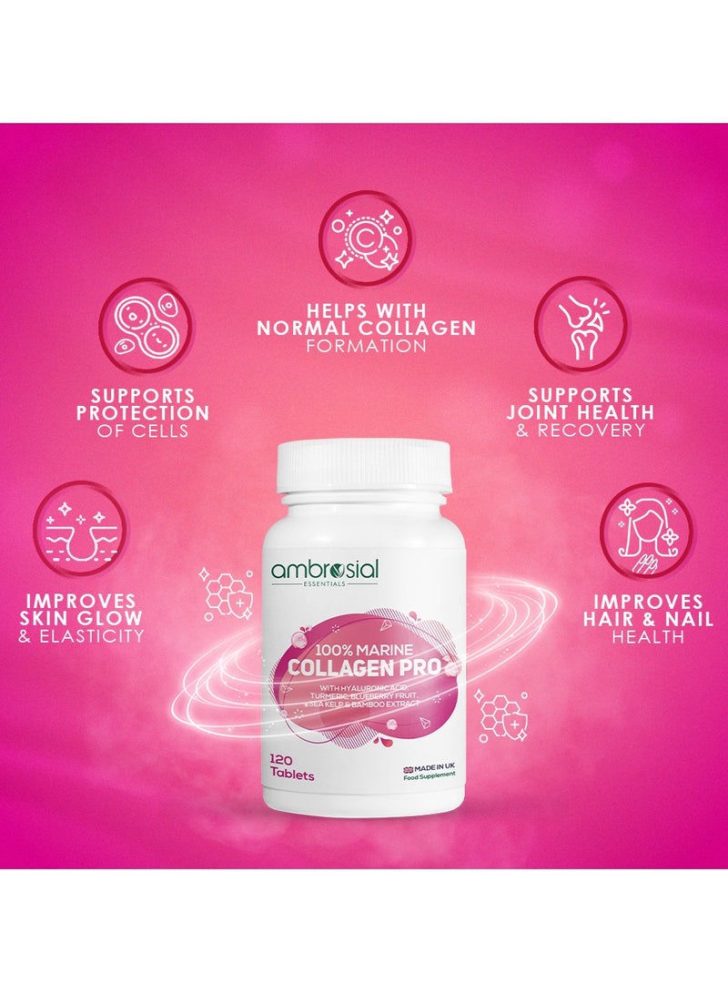 Ambrosial 100% Marine Collagen Pro with Hyaluronic Acid, Turmeric, Blueberry, Sea Kelp & Bamboo Extract | Made in UK | Gluten-Free, Non-GMO | 120 Tablets - Image 2